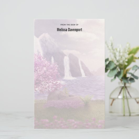 滝とさくらんぼの木のまわりに湖文房具 便箋 (スタンド正面)