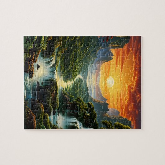 滝と太陽の白熱［赤熱］光を放つジグソーの山 ジグソーパズル (横)