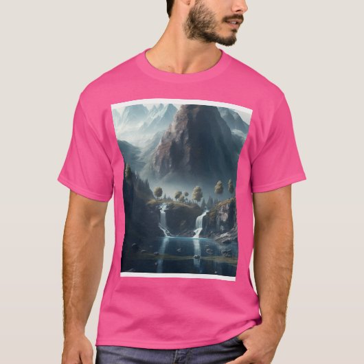 滝と樹木の壁アートグラフ付き山 Tシャツ (正面)