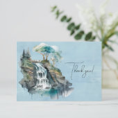 滝と橋の水の色絵画の サンキューカード (スタンド正面)