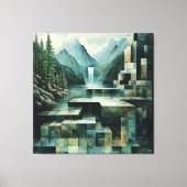 滝と湖の幾何学的な山のシーン キャンバスプリント (正面)