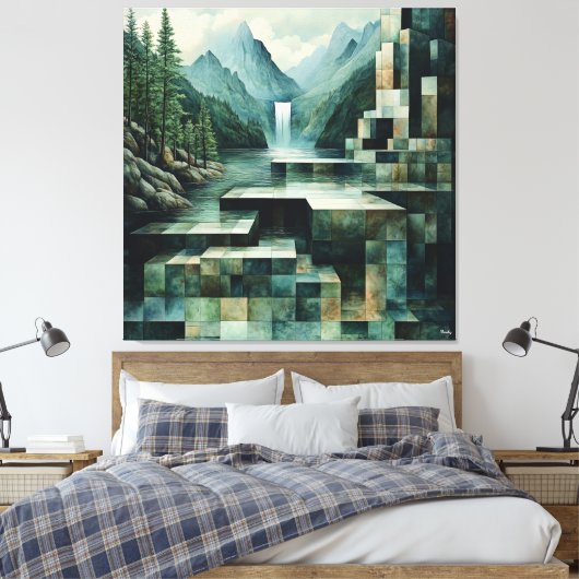 滝と湖の幾何学的な山のシーン キャンバスプリント (インサイチュ (寝室))