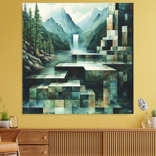 滝と湖の幾何学的な山のシーン キャンバスプリント (インサイチュ (リビング))