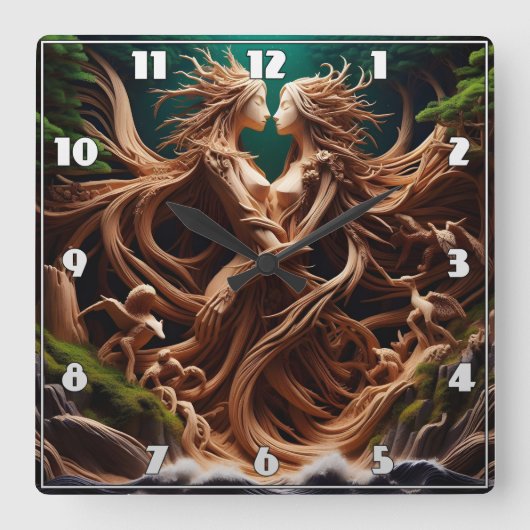 滝に包まれる魅惑の森のニンフ スクエア壁時計 (正面)