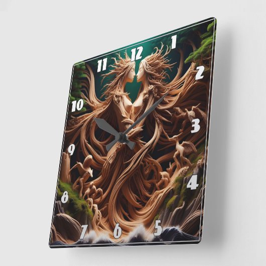滝に包まれる魅惑の森のニンフ スクエア壁時計 (傾斜)