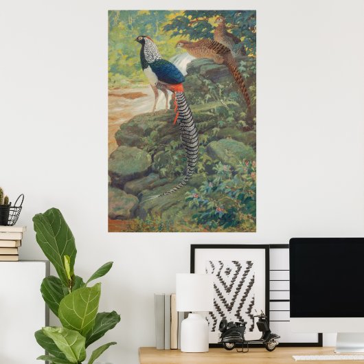 滝のそばのレディーアマーストのキジのトリオ ポスター (ホームオフィス)