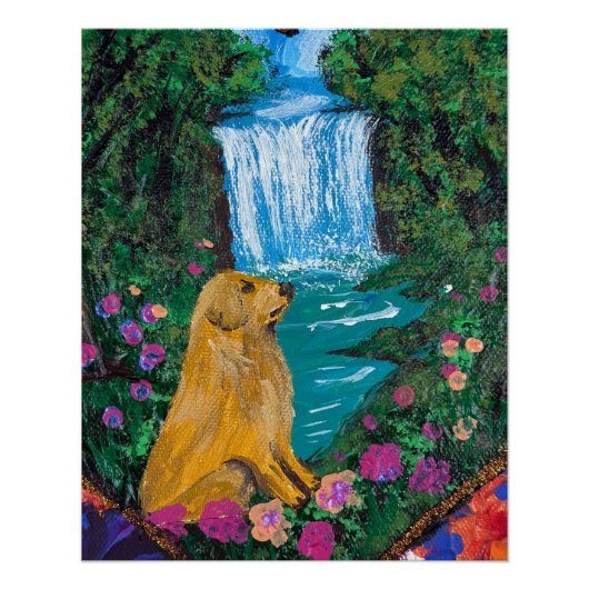 滝のそばの犬 ハンドメイドアート作品 ポスター (正面)