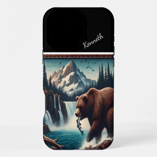 滝のほとりのハイイログマの捕食 iPhoneケース (裏面)