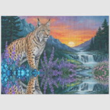 滝のほとりの日の出時の山猫