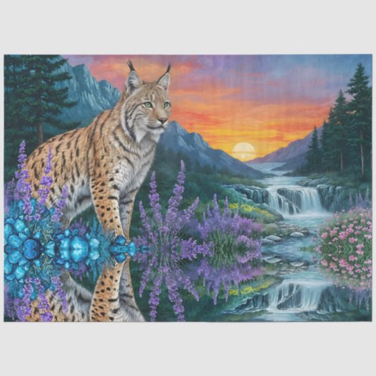 滝のほとりの日の出時の山猫 薄葉紙 (正面)