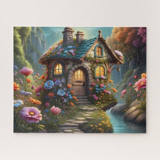 滝のほとりの魔法の花のカントリーハウス ジグソーパズル (横)
