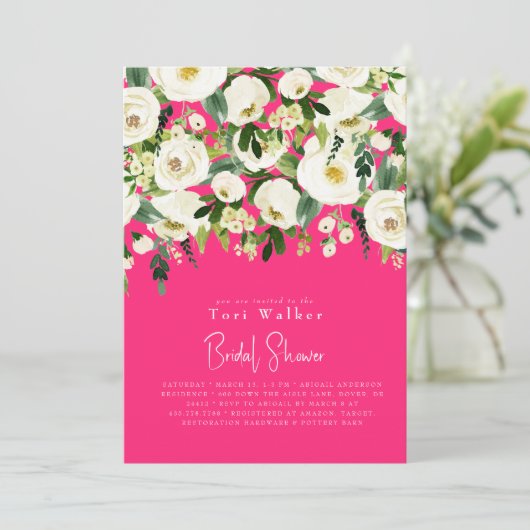 滝のような白い花のホットピンクのウェディングシャワー 招待状 (スタンド正面)