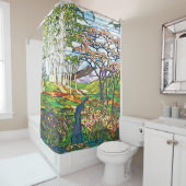 滝のアイリス樺の木のTiffanyのステンドグラス窓 シャワーカーテン (インサイチュ)
