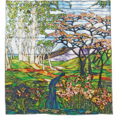 滝のアイリス樺の木のTiffanyのステンドグラス窓 シャワーカーテン (正面)