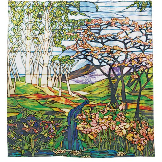 滝のアイリス樺の木のTiffanyのステンドグラス窓 シャワーカーテン (正面)