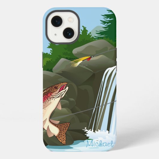 滝のマスのはえの魚釣り iPhoneケース (裏面)