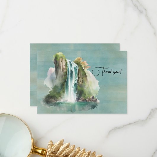 滝の水の色絵画の サンキューカード (正面/裏面インサイチュ)