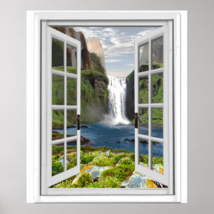 滝の眺めTrompe - l ' oeilの効果の偽造品の窓 ポスター