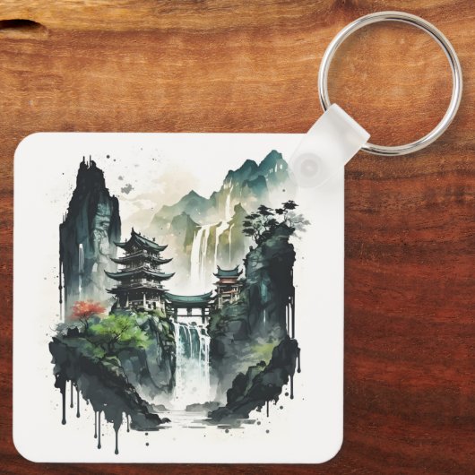 滝中国ののある古代のインクの風景 キーホルダー (裏面)