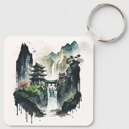 滝中国ののある古代のインクの風景 キーホルダー (裏面)