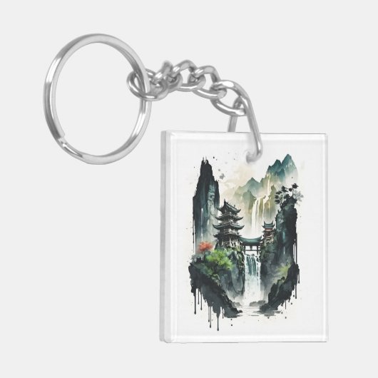 滝中国ののある古代のインクの風景 キーホルダー (正面左)