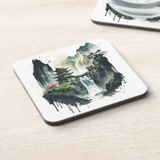 滝中国ののある古代のインクの風景 コースター (左側)