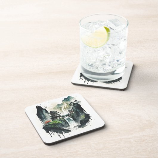 滝中国ののある古代のインクの風景 コースター (右側)
