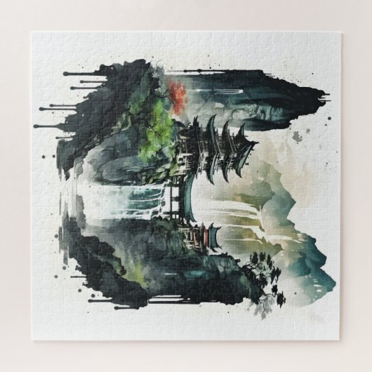 滝中国ののある古代のインクの風景 ジグソーパズル (横)