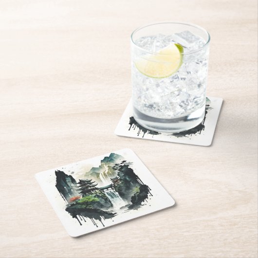 滝中国ののある古代のインクの風景 スクエアペーパーコースター (インサイチュ)