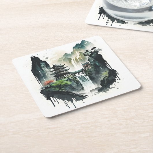 滝中国ののある古代のインクの風景 スクエアペーパーコースター (アングル)