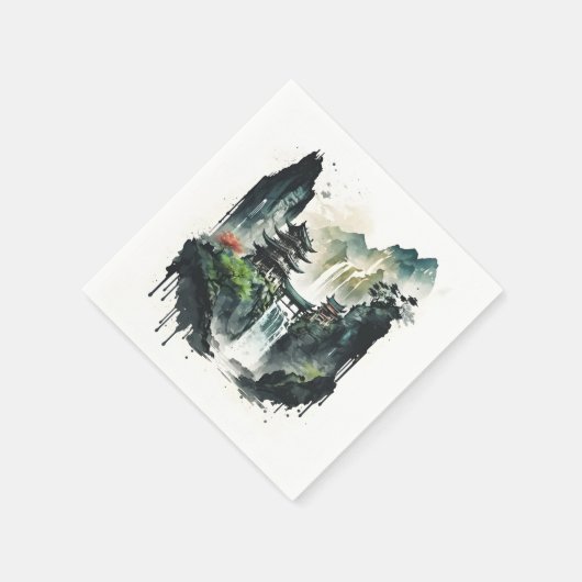 滝中国ののある古代のインクの風景 スタンダードカクテルナプキン (角)