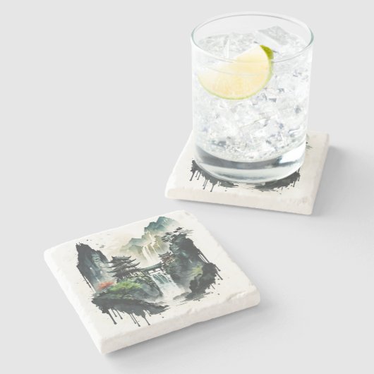 滝中国ののある古代のインクの風景 ストーンコースター (横)