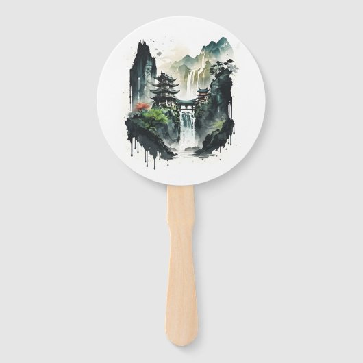 滝中国ののある古代のインクの風景 ハンドファン (裏面)