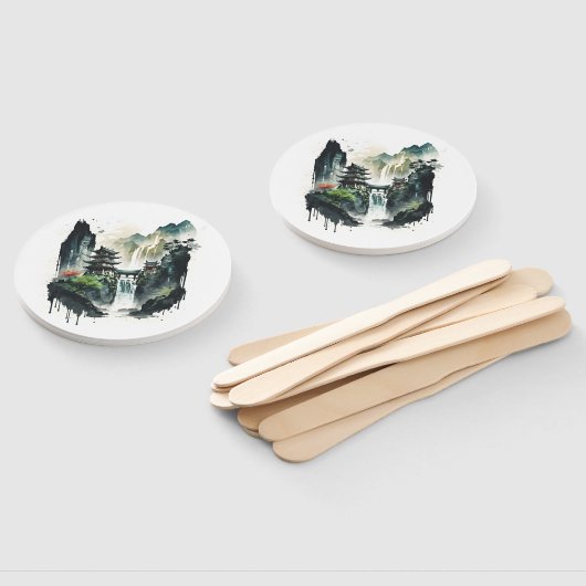 滝中国ののある古代のインクの風景 ハンドファン (組立なし)