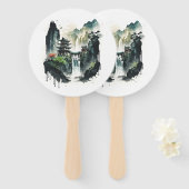 滝中国ののある古代のインクの風景 ハンドファン (正面&裏面)