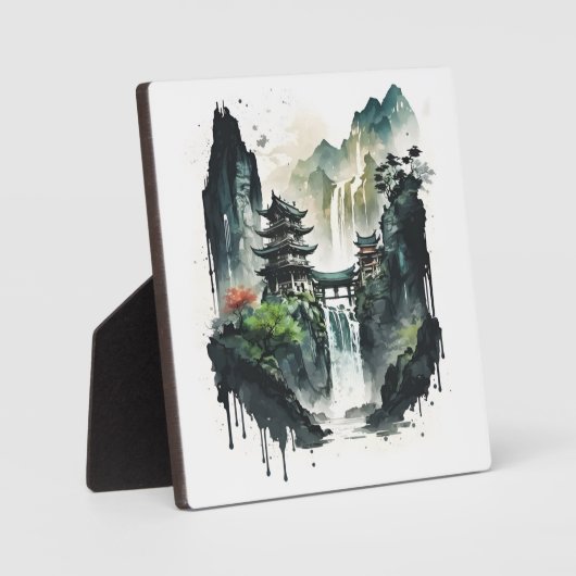 滝中国ののある古代のインクの風景 フォトプラーク (正面)