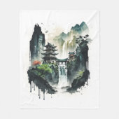 滝中国ののある古代のインクの風景 フリースブランケット (正面)
