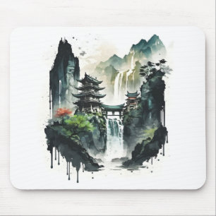 滝中国ののある古代のインクの風景 マウスパッド