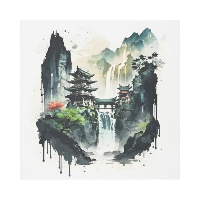 滝中国ののある古代のインクの風景 メタルプリント (正面)