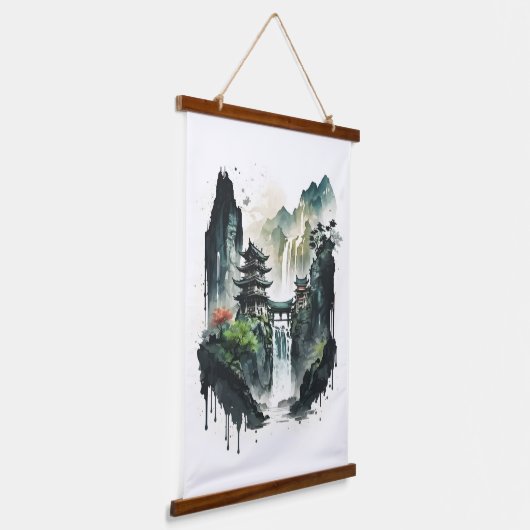 滝中国ののある古代のインクの風景 吊り下げ型タペストリー (傾斜あり)