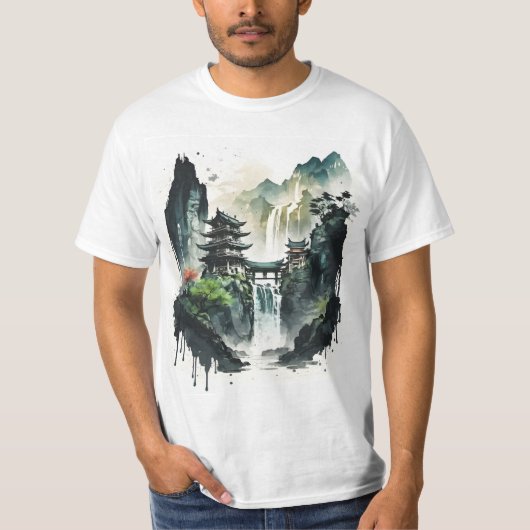 滝中国ののある古代のインクの風景 Tシャツ (正面)