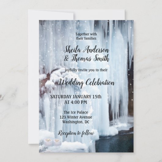 滝凍ってい雪きらめく冬の結婚式 招待状 (正面)