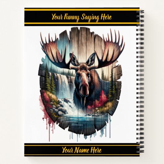 滝威厳のあるの滝の近くに立つムース ノートブック (裏面)