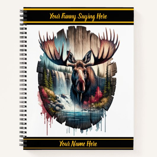 滝威厳のあるの滝の近くに立つムース ノートブック (正面)