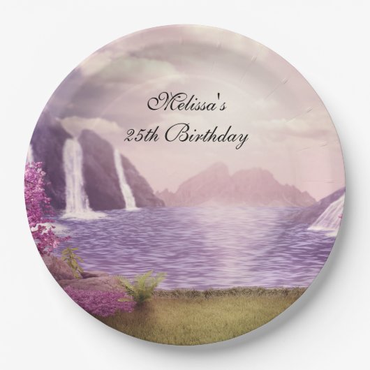 滝&さくらんぼツリーズのまわりにアレイク誕生日 ペーパープレート (正面)
