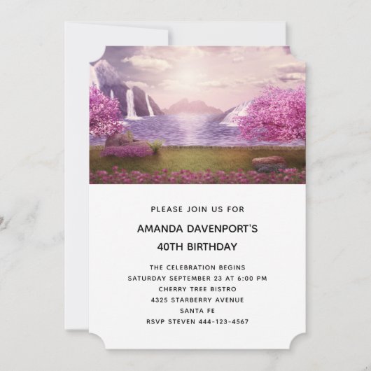 滝&さくらんぼツリーズのまわりにアレイク誕生日 招待状 (正面)