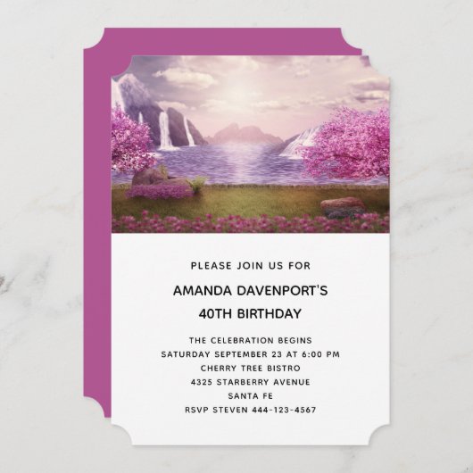滝&さくらんぼツリーズのまわりにアレイク誕生日 招待状 (正面/裏面)