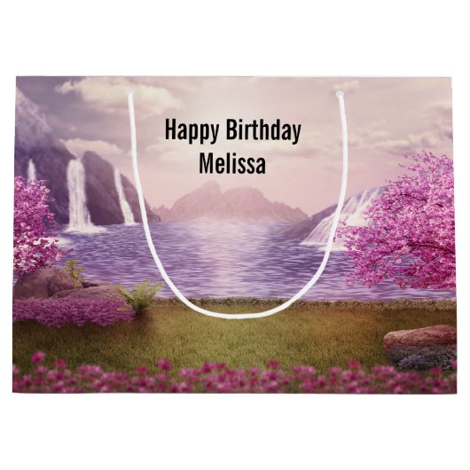 滝&さくらんぼツリーズバイアレイク誕生日 ラージペーパーバッグ (正面)