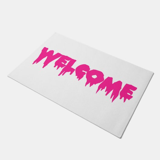 滴りのフォントの歓迎の玄関マットのショッキングピンクの文字 ドアマット (アングル)