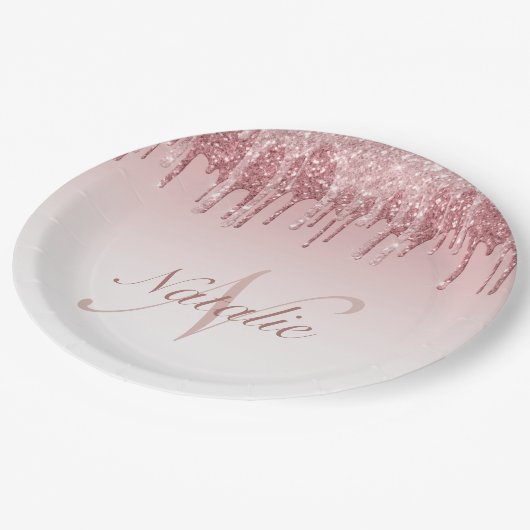 滴るピンクとバラの金ゴールドグリッター ペーパープレート (アングル)